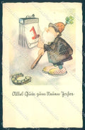 Greetings New Year Gnome Horseshoe Four Leaf Clover LBR 1013 postcard TW2426 – fronte