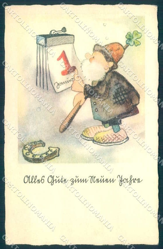 Greetings New Year Gnome Horseshoe Four Leaf Clover LBR 1013 postcard TW2426 – fronte