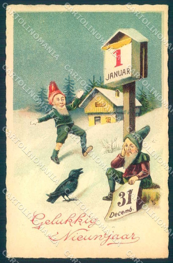 Greetings New Year Gnome Black Bird serie 405 cartolina postcard TW2427 – fronte