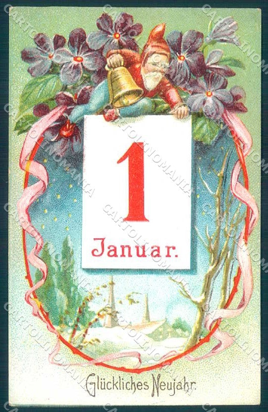 Greetings New Year Gnome Winter Landscape Bell serie 7166 postcard TW2428 – fronte