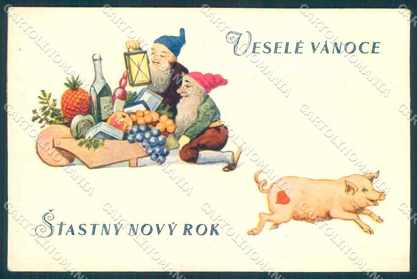 Greetings New Year Gnome Pig Fruit serie 14 cartolina postcard TW2429 – fronte