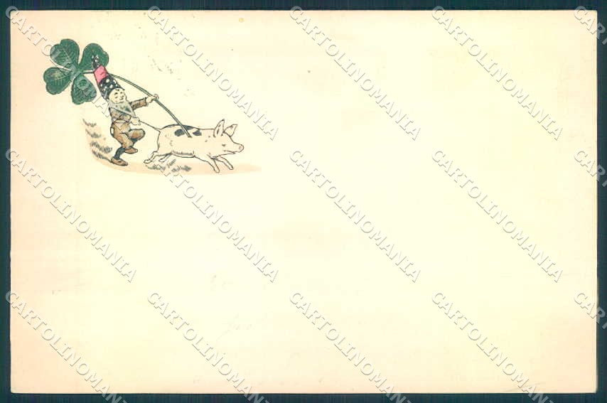 Greetings New Year Gnome Pig Four Leaf Clover Relief SOFT CREASE postcard TW2430 – fronte