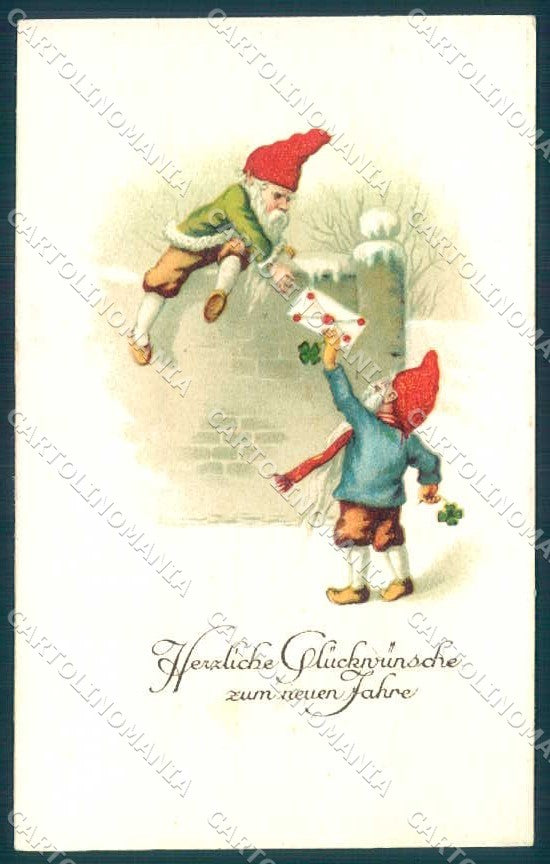 Greetings New Year Gnome Letter Four Leaf Clover HWB 1124 postcard TW2433 – fronte