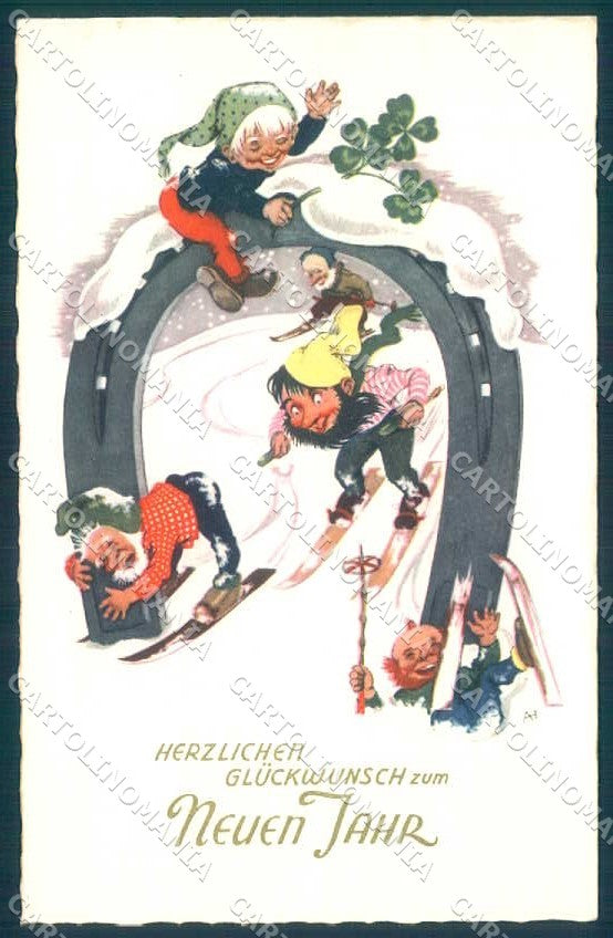 Artist Signed A.I. New Year Gnome Skiing Horseshoe serie 3069 postcard TW2434 – fronte