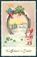 Greetings New Year Gnome Horseshoe Four Leaf Clover Erika 6113 postcard TW2435 – fronte