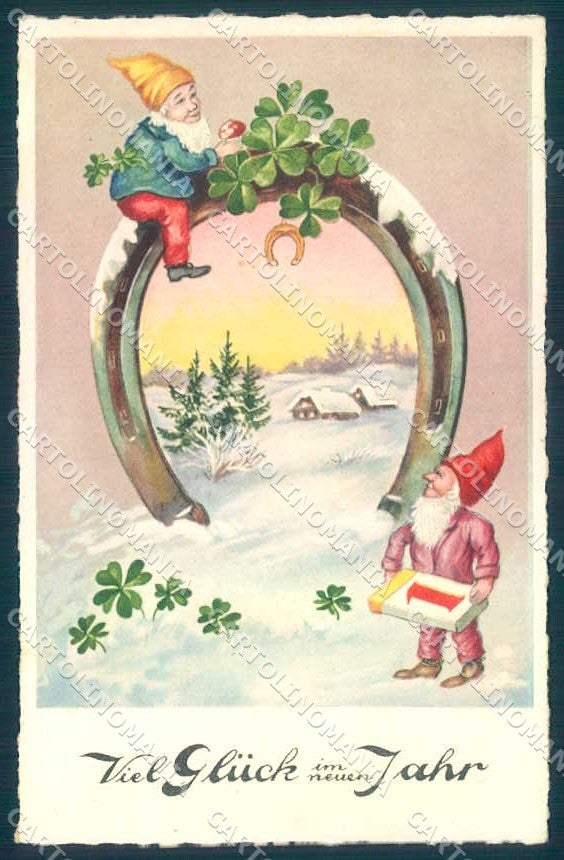 Greetings New Year Gnome Horseshoe Four Leaf Clover Erika 6113 postcard TW2435 – fronte
