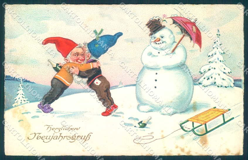 Greetings New Year Snowman Gnome Sleigh serie 3975 SPOTS pc TW2437 – fronte