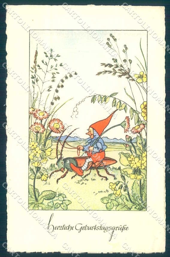 Artist Signed Lilly Scherbauer Gnome Geburtstage Flower postcard TW2442 – fronte