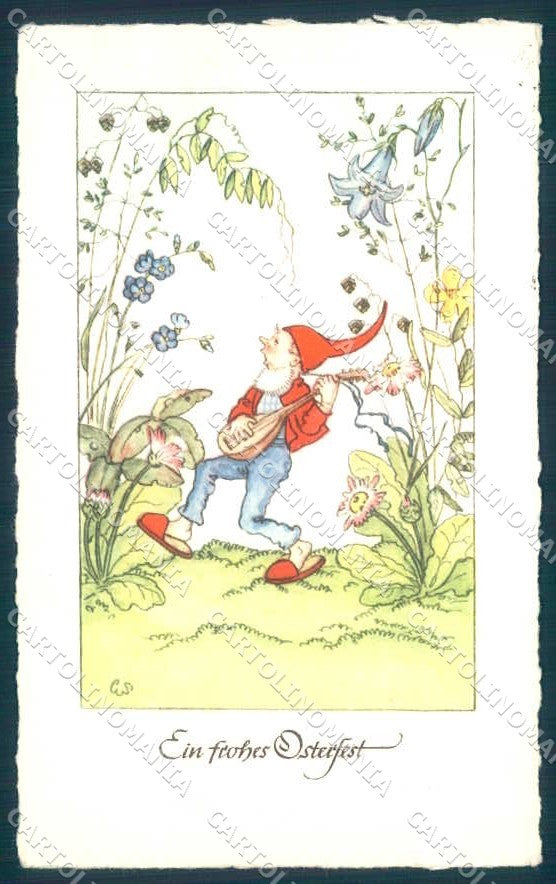 Artist Signed Lilly Scherbauer Easter Gnome Flower serie 3305 postcard TW2443 – fronte