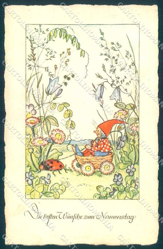 Artist Signed Lilly Scherbauer Gnome Namenstage Ladybug PIN HOLE postcard TW2444 – fronte