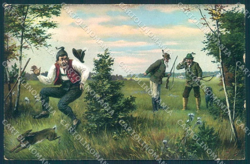 Artist Signed Man Hunting Dog Hare serie 1059-3 ABRADED postcard TW2446 – fronte