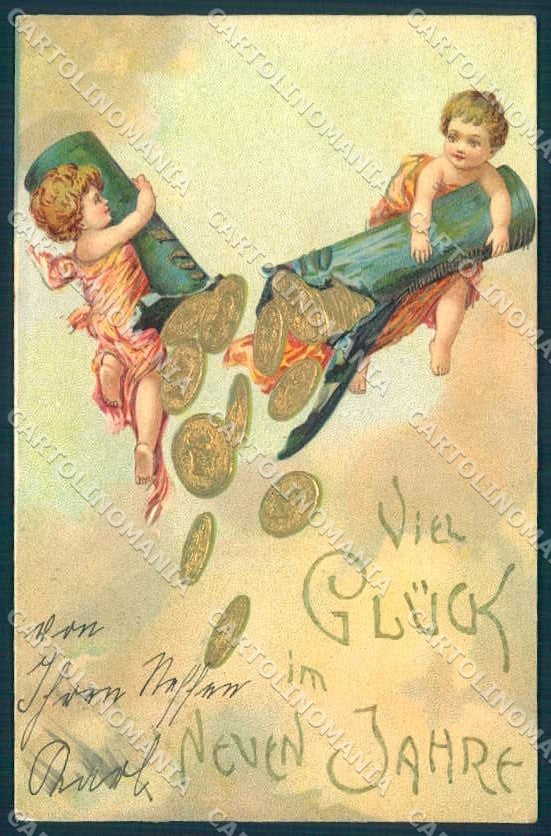 Greetings New Year Cupid Fairy Money Relief cartolina Postcard TW2470 – fronte