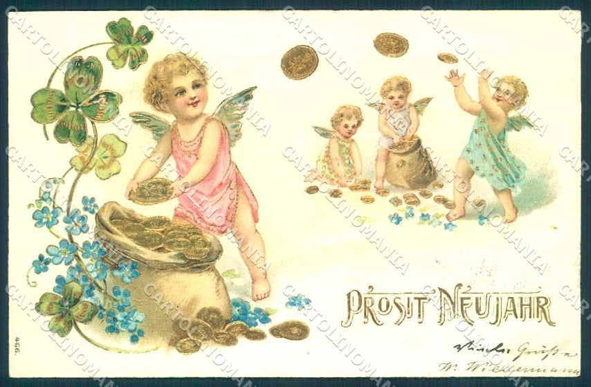 Greetings New Year Cupid Fairy Money Relief Four Leaf Clover serie 466 pc TW2471 – fronte