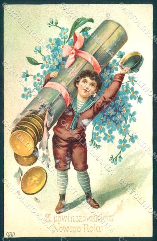 Greetings New Year Child Boy Money Flower EAS cartolina Postcard TW2473 – fronte