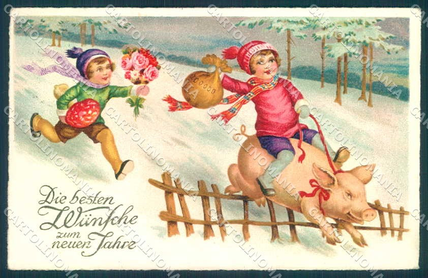 Greetings New Year Children Pig Mushroom Money serie 4687-3 postcard TW2479 – fronte
