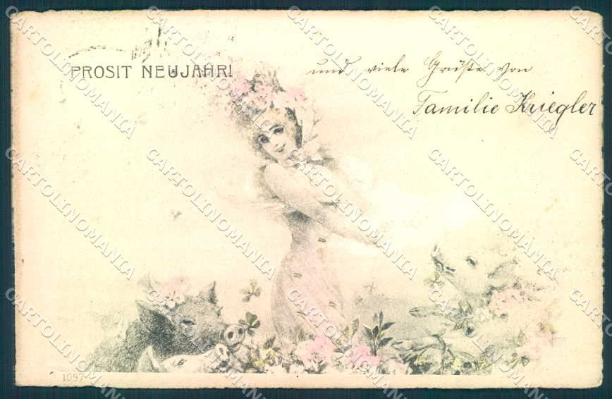 Artist Signed Kratki New Year Fashion Lady Pig Viennoise serie 1097 pc TW2480 – fronte