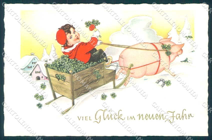 Artist Signed A.H. New Year Child Girl Pig Four Leaf Clover Sled pc TW2481 – fronte