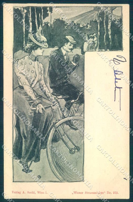 Artist Signed Fashion Lady Romantic Couple Bicycle Sockl 272 postcard TW2482 – fronte