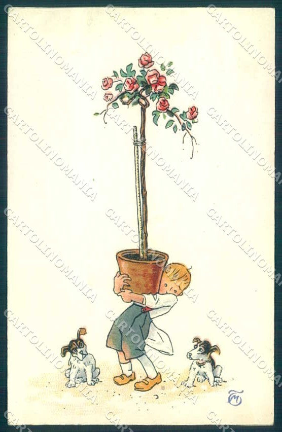 Artist Signed T.M. Child Boy Dog Flower serie 31-III cartolina postcard TW2508 – fronte