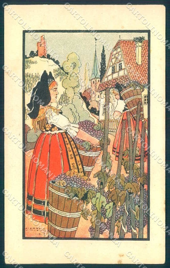 Artist Signed Pierre Vincend Lady Grape Harvest Alsace cartolina postcard TW2512 – fronte