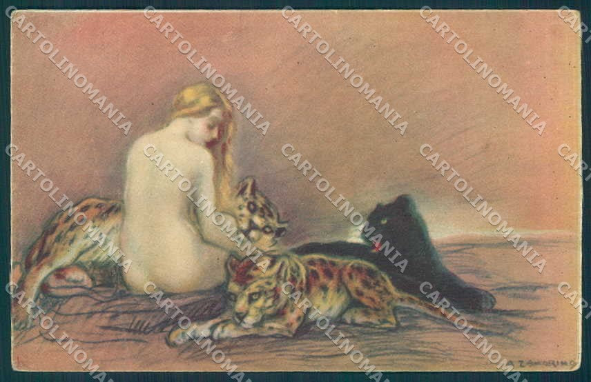 Artist Signed Zandrino Risque Nude Lady Black Panther serie 18-1 postcard TW2515 – fronte