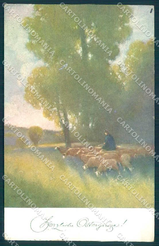 Artist Signed Kaufman Easter Man Sheep Landscape MM Vienne 326 postcard TW2564 – fronte