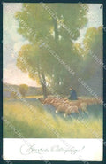 Artist Signed Kaufman Easter Man Sheep Landscape MM Vienne 326 postcard TW2564 – fronte