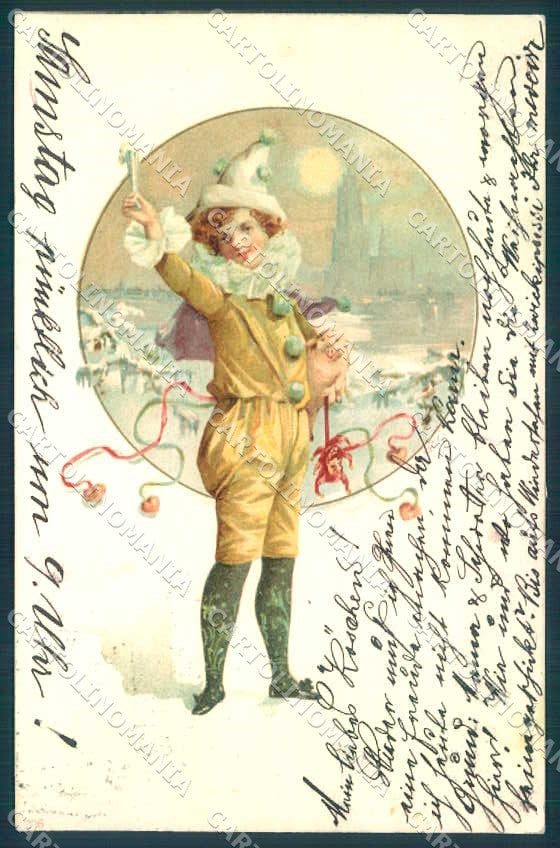 Artist Signed Kratki New Year Pierrot Pig serie 206 cartolina postcard TW2566 – fronte
