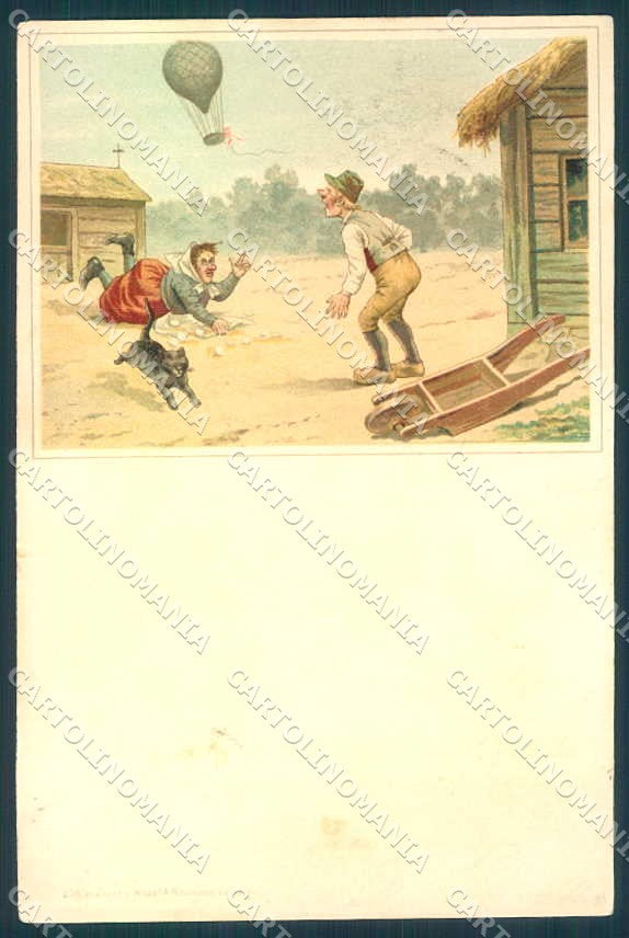 Artist Signed Witch Lady Man Black Cat Hot Air Balloon Comic postcard TW2568 – fronte