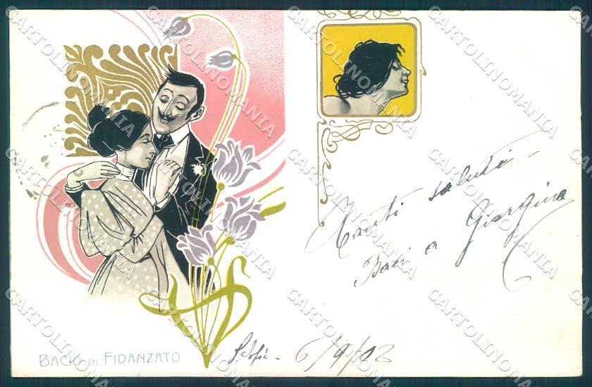 Artist Signed Lady Romantic Couple Art Nouveau Flower cartolina postcard TW2569 – fronte