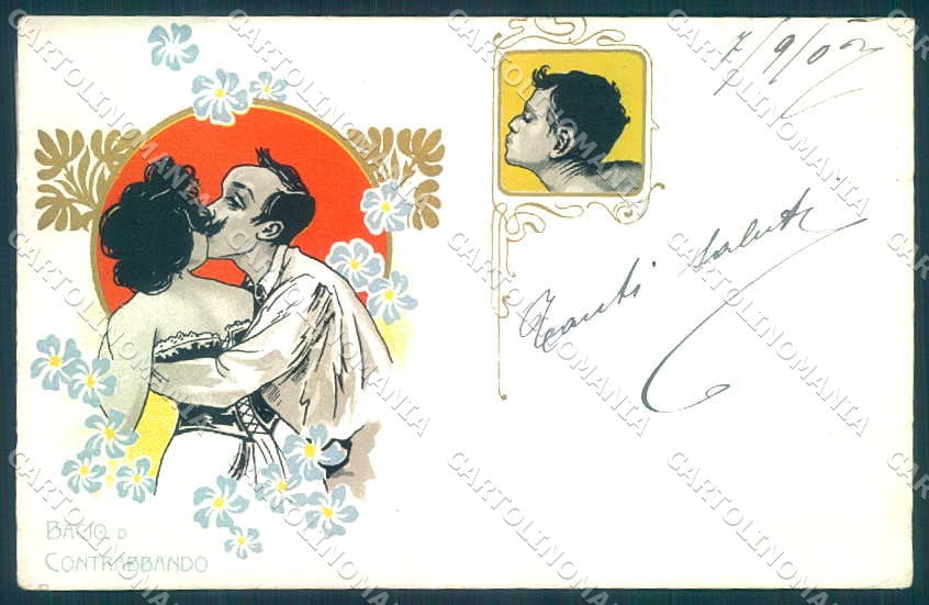 Artist Signed Lady Romantic Couple Art Nouveau Flower Kiss postcard TW2570 – fronte
