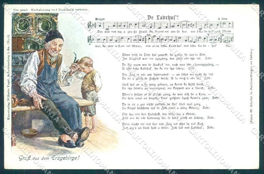 Artist Signed Old Man Child Boy Music Sheet Vogel 6 cartolina postcard TW2575 – fronte