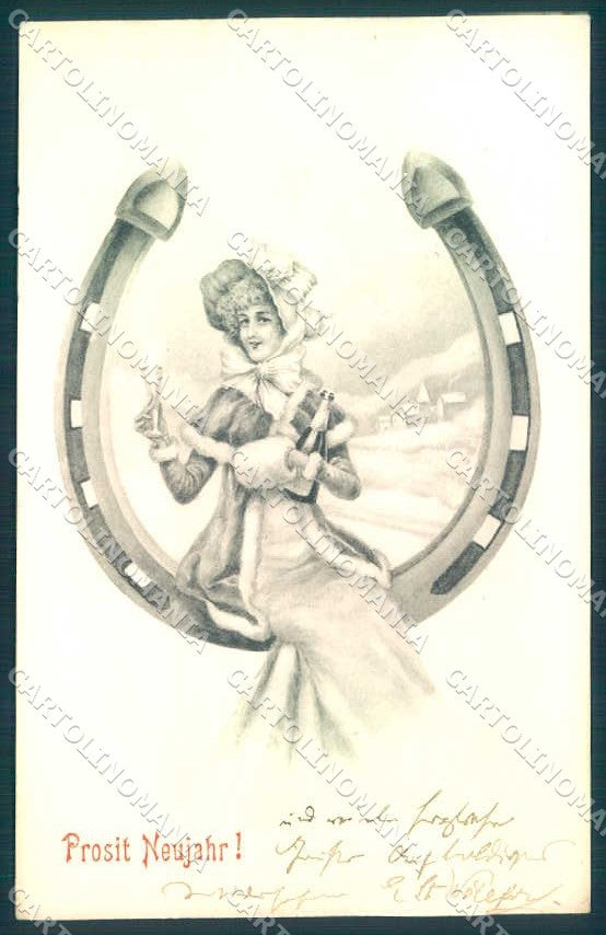 Artist Signed Fashion Lady New Year Toasting Horseshoe serie 1473 pc TW2584 – fronte