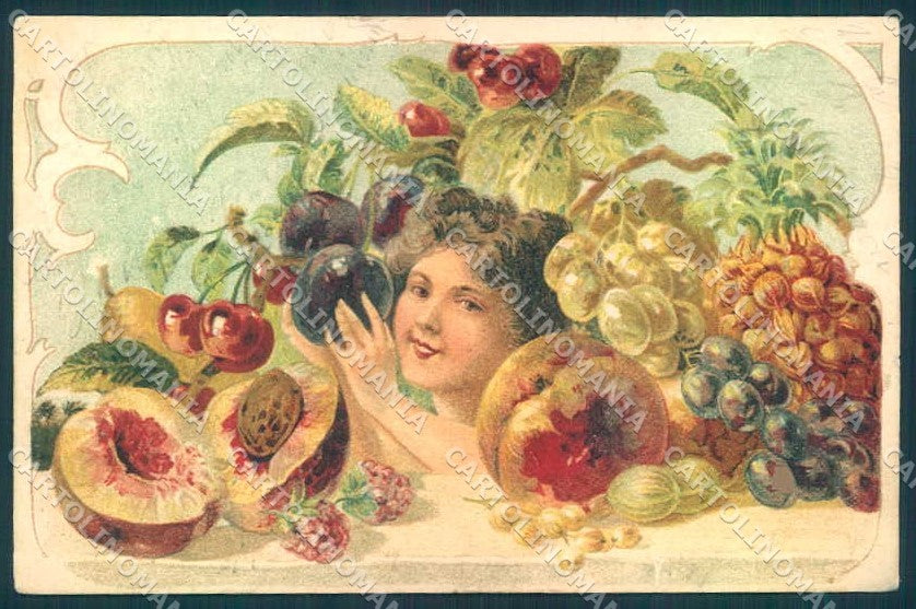 Artist Signed Lady Art Nouveau Fruit BACK ABRADED cartolina postcard TW2597 – fronte