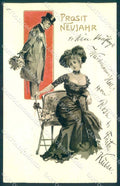Artist Signed Fashion Lady Man New Year Relief serie 5391 postcard TW2600 – fronte