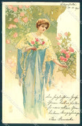 Artist Signed Glamour Lady Art Nouveau Flower cartolina postcard TW2601 – fronte
