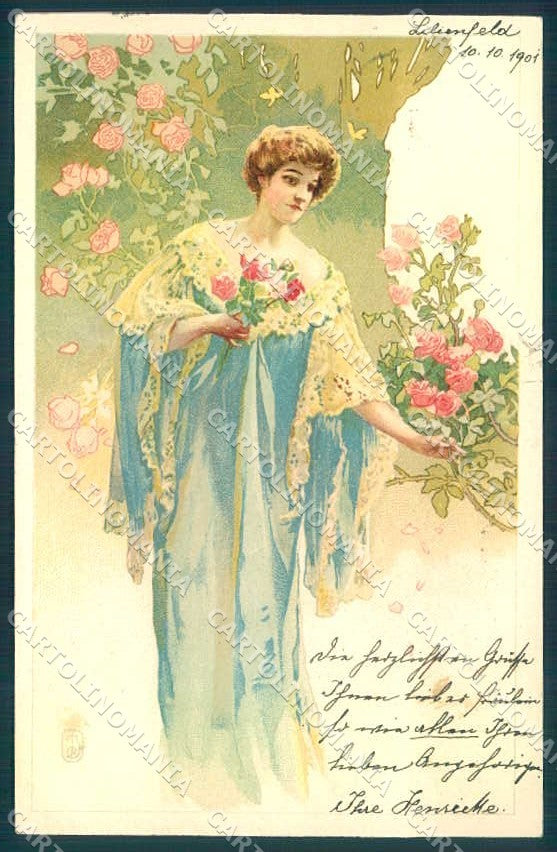 Artist Signed Glamour Lady Art Nouveau Flower cartolina postcard TW2601 – fronte