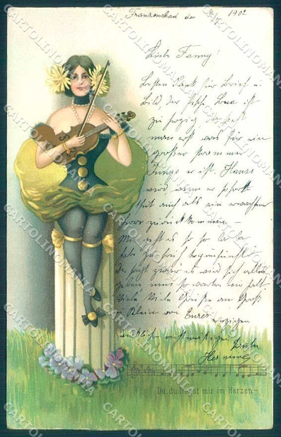 Artist Signed Lady Art Nouveau Violin Flower Music Sheet postcard TW2610 – fronte