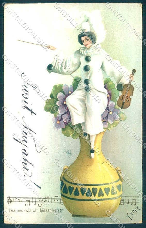 Artist Signed Lady Pierrot Art Nouveau Violin Flower Music Sheet postcard TW2611 – fronte