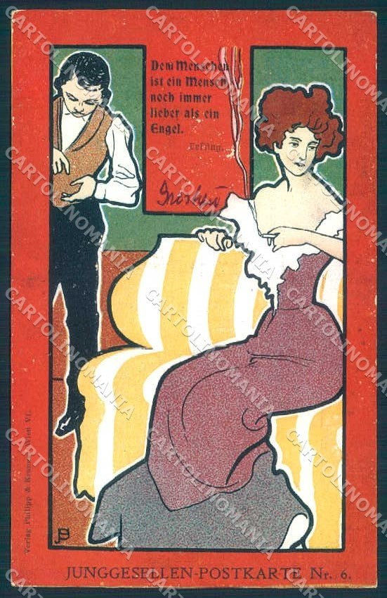 Artist Signed Joseph Sattler Fashion Lady Man Philipp & Kramer 6 postcard TW2616 – fronte