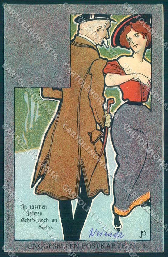 Artist Signed Joseph Sattler Fashion Lady Man Philipp & Kramer 3 postcard TW2618 – fronte