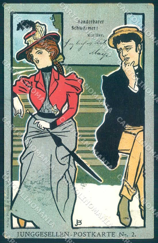 Artist Signed Joseph Sattler Fashion Lady Man Philipp & Kramer 2 postcard TW2619 – fronte