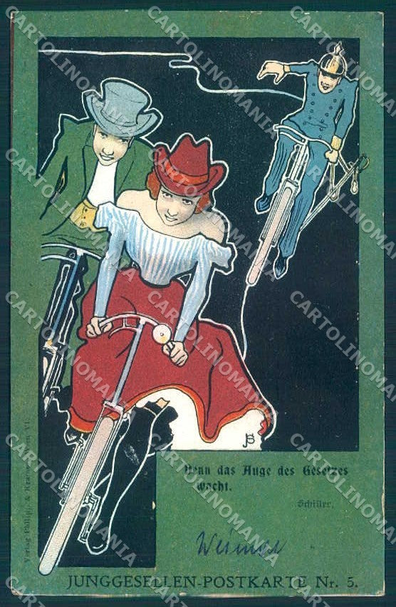 Artist Signed Joseph Sattler Lady Man Bicycle Philipp & Kramer 5 pc TW2620 – fronte