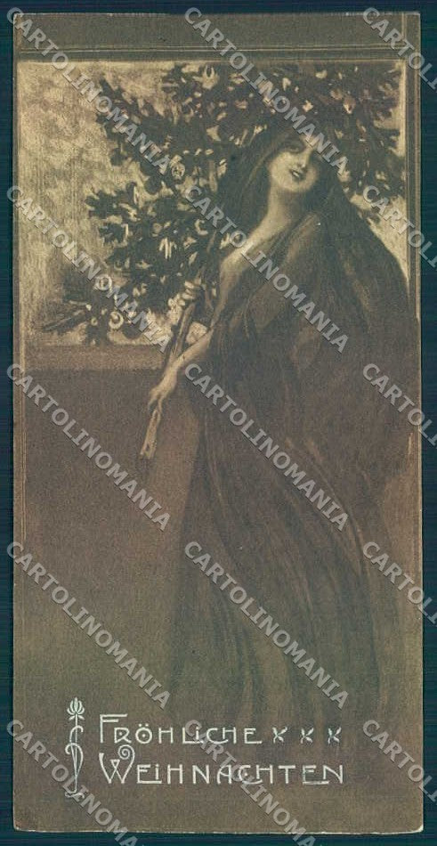 Artist Signed Lady Art Nouveau Christmas Mistletoe 7.8x15.5 cm postcard TW2625 – fronte