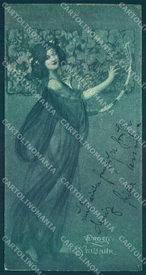 Artist Signed Lady Art Nouveau New Year Lyre 8x15.5 cm cartolina postcard TW2626 – fronte