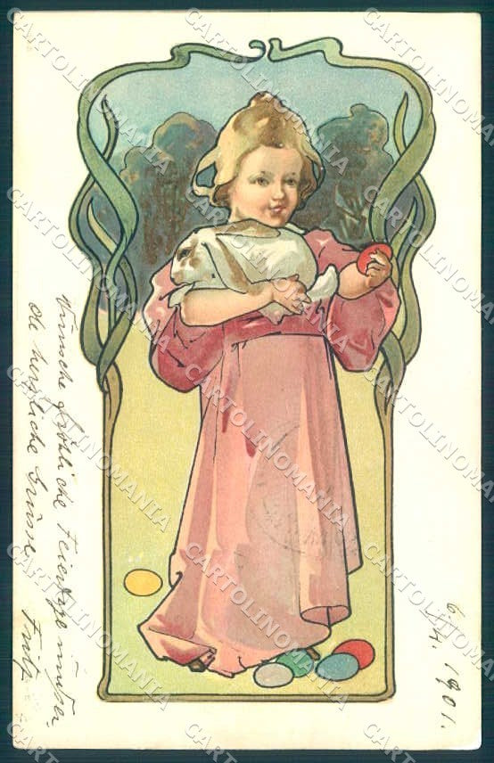 Artist Signed Child Girl Art Nouveau Hare Egg Easter serie 34-5 postcard TW2629 – fronte