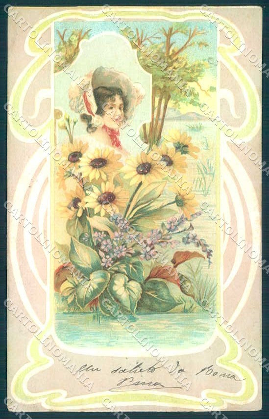 Artist Signed Fashion Lady Art Nouveau Flower cartolina postcard TW2643 – fronte