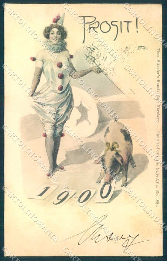 Artist Signed New Year Lady Pierrot Pig Theo Stroefer XV-1001 postcard TW2652 – fronte