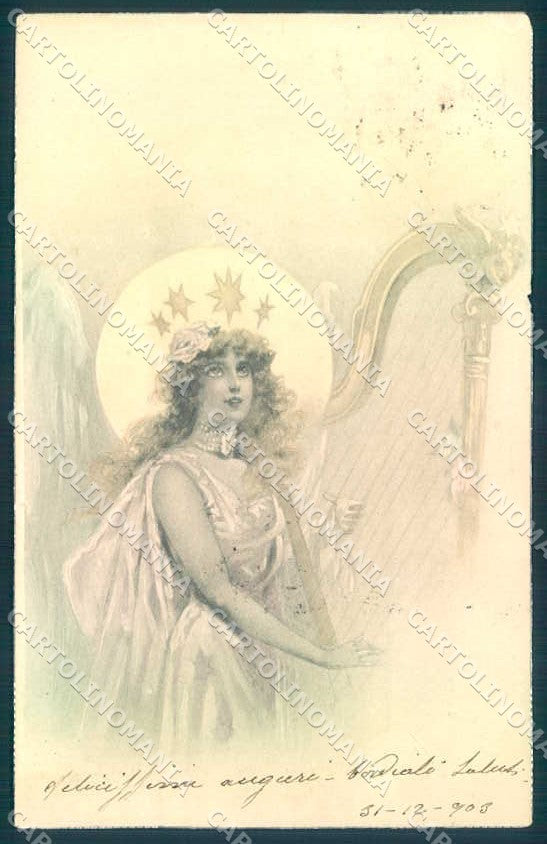 Artist Signed Angel Lady Christmas Playing Harp TEAR cartolina postcard TW2657 – fronte