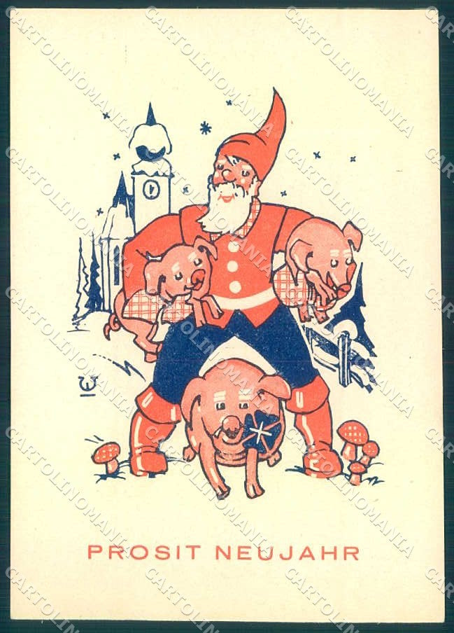 Artist Signed New Year Santa Pig Mushroom Four Leaf Clover FG postcard TW2676 – fronte